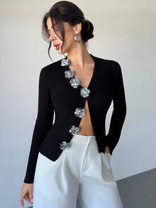 Firerie Women's Elegant Party 3D Floral Graduation Sweater Top, Neck Solid Color Knitted Cardigan,Halloween Costumes ,Wedding Guest For Women Autumn/Winter,Fall Clothes For Women,Knit Sweater, Comfortable & Elegant, Suitable For Dating, Casual, Travel In Autumn/Winter,Festival Party Outfits For Women Black Cardigan Cropped Cardigan