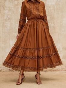 SHEIN Privé VITNOS Women's Elegant Autumn Skirt,All Shades Of Brown Bohemian Drawstring Waist Contrast Lace Ruffle Hem,Vintage Victorian Style For Tea Party - Brown - View 1
