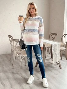 SHEIN Maternity Drop Shoulder Striped Casual Knit Pullover Sweater - Multicolor - View 6