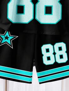 SHEIN 2pcs/Set Teen Boy Casual Classic Cool Baseball Sports Style, Number 88, Gothic Chicago Text, Star Graphic Print Short Sleeve Crew Neck T-Shirt And Shorts, Suitable For Summer - Multicolor - View 5