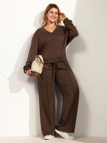 Momelise Setelan Sweatshirt dan Celana Kasual Warna Polos untuk Wanita Ukuran Besar, Musim Gugur/Musim Dingin - Coklat - View 4