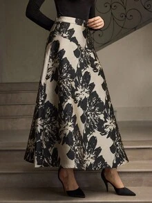ZEYLAH 女士优雅提花花卉褶皱 A 字裙 - 黑與白 - 查看 2