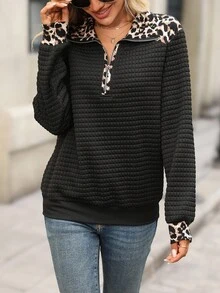 EMERY ROSE 秋季休闲豹纹拼布纹理卫衣 - 黑色 - 查看 1