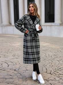 EURMUSE Women's Plaid Print Belted Long Sleeve Jacket - MultiWarna - View 4