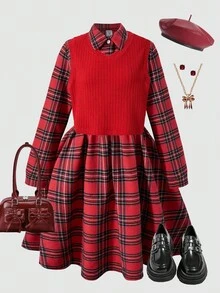 女童格子吊带背心衬衫裙两件套 - 紅色 - 查看 10