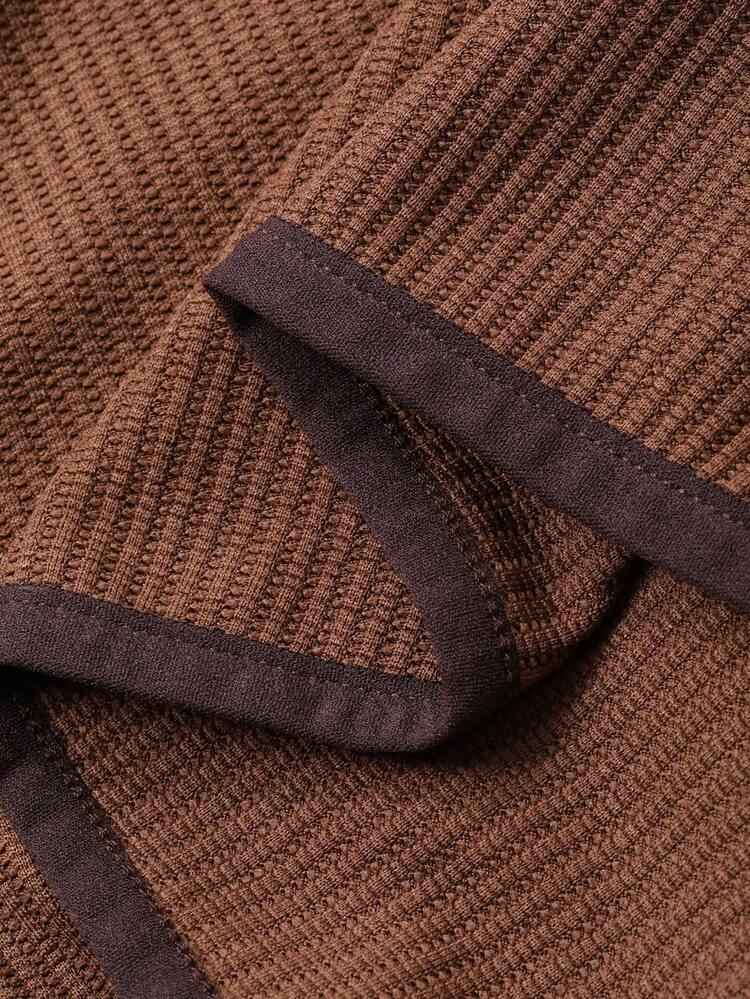 Men's Color Block Collar Letter Embroidery Brown T-Shirt, Autumn Quarter Zip Men