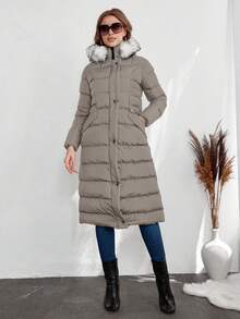 RueChic 女士冬季保暖休闲拉链撞色羊毛饰边连帽加厚外套 - 米色 - 查看 4