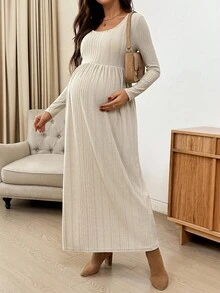 SHEIN 孕妇纯色简约日常装圆领长袖连衣裙 - 杏色 - 查看 5