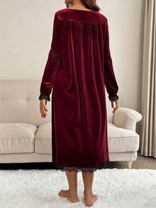 SHEIN Maternity Velvet Square Neck Lace Trim Tie Front Dress - Burgundy - View 2