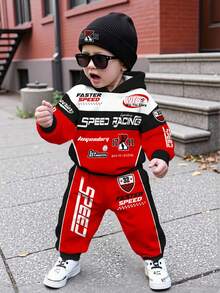 SHEIN Baby Boy Casual Loose Comfortable Soft Classic Stylish Cool Racing Car Graphic Print Hoodie Sweatshirt Set, Suitable For Autumn/Winter Fall - Multicolor - View 1