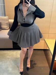 Vibekara Plus Size Ribbed Contrast Color Ribbed Pullover T-Shirt And Elastic Waist Pleated Skirt 2 Pieces Set Fall Cloth For Women - Multicolor - View 5