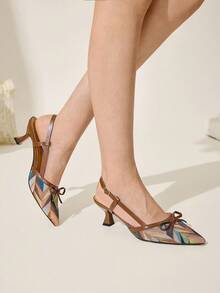 CUCCOO CHICEST 女式几何拼色尖头小猫跟凉鞋，优雅波西米亚风格舒适一脚蹬高跟鞋，百搭复古别致正装鞋，棕色 - 咖啡棕 - 查看 1