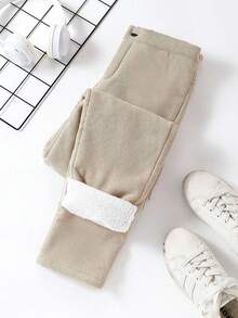 SHEIN 1 条装年轻男童休闲舒适时尚实用可爱柔软保暖灯芯绒面料厚裤子，适合日常穿着、上学、外出、运动、秋冬 - 米色 - 查看 7