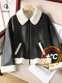 SHEIN 青少年女孩秋冬街头风格 PU 复合保暖衬里撞色领摩托车夹克，适合休闲外出 - 黑色 - 查看 2