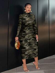 Slaydiva Classic Retro Camouflage Print Fitted Long Sleeve Round Neck Dress, Casual & Suitable For Plus Size, Autumn/Winter Fall - Multicolor - View 4