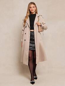 Amorya Women's Elegant Apricot Color-Block Pocket Mid-Length Trench Coat, Suitable For Daily Commute And Versatile Occasions, Autumn Trench Coats Autumn Outfits For Women   Women's Winter Coat  Chic Women's Jacket