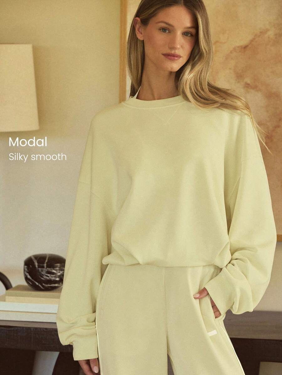 GLOWMODE Modal Soft Warm Curved Bubble Hem Waist Length Relaxed Sleeves Ribbed Cuffs Two-Way Wear Crew Neck Pullover Sweatshirt Daily Casual Wear Fall Winter