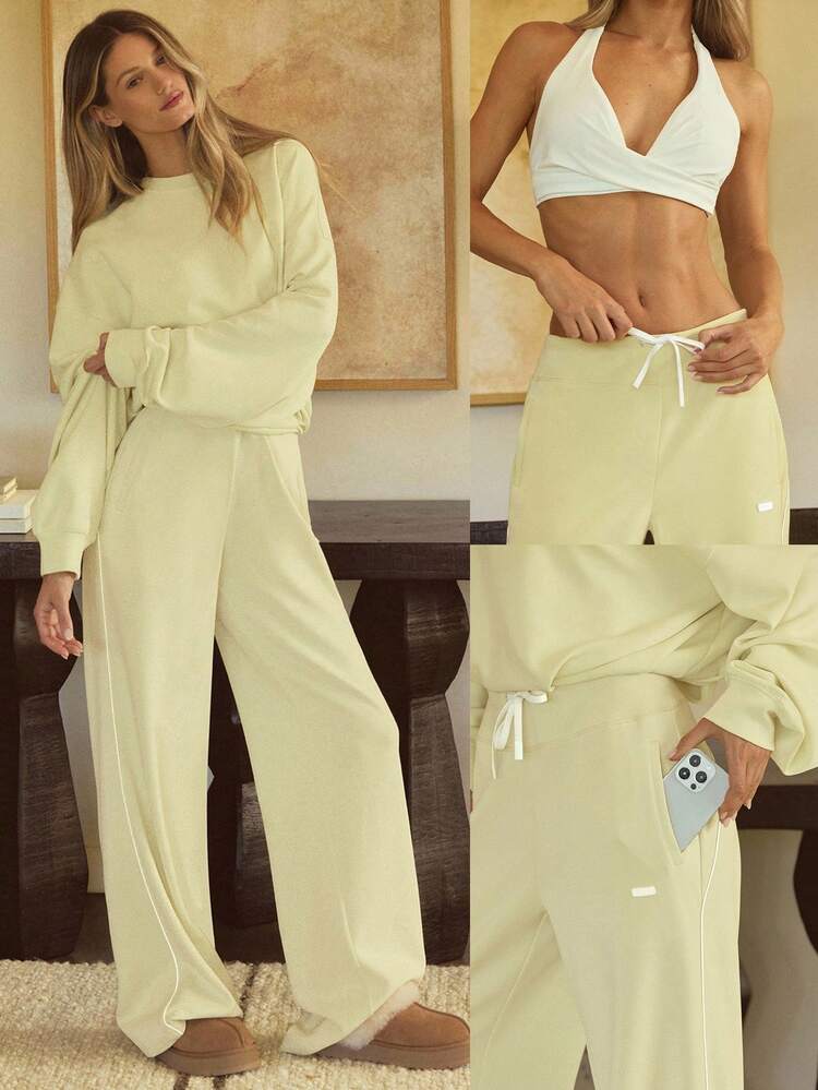 ソフトセリーン モーダル シルキースムース リラックスフィット コントラストカラー レッグレングス スウェットパンツ サイドポケット付き デイリーカジュアルウェア