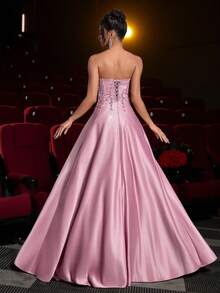 Glamrae 优雅的莲藕粉色光泽缎面露肩领口亮片拼布鱼骨带串珠刺绣超大 A 字裙，配有可调节领带，适合约会、度假、单身、生日、成人仪式、派对、舞会、婚礼、毕业典礼、正式晚会 - 藕粉色 - 查看 4