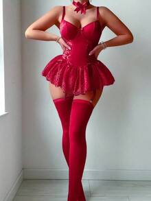 Seduluxe 5件套成熟系列蕾丝钢圈紧身连衣裙套装 - 酒紅色 - 查看 5