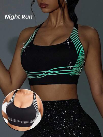 Innovista Strappy Sports Bra Color Block Night Run Gym Clothes Daily Athleisure Middle Support Yoga Pilates HIIT Training Cycle Fitness Boxing Activewear Fall Workout Outfits Comfort Movement Functional Mesh Breathable Cut Out Cross Back Design Backless Design Adjustable Gala Night New Year Glamour Night Run
