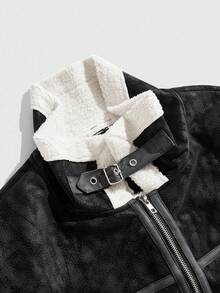 ROMWE MEN Street Life Chaqueta con cremallera delantera y hombros caídos con forro de piel sintética para hombre, otoño/invierno - Negro - Ver 9