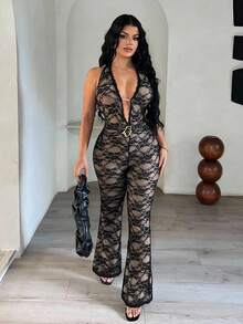 SHEIN SXY 黑色性感蕾丝深V领连体裤 - 黑色 - 查看 5