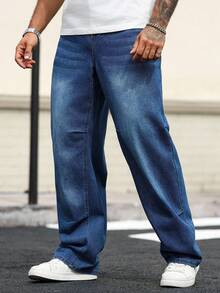 Manfinity Homme Plus Size Men's Loose Fit Pockets Wide Leg Casual Versatile Jeans - Blue - View 7