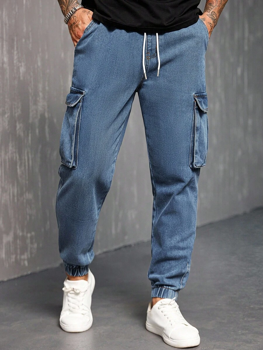 Manfinity Homme Avant-Garde Street Casual Men's Cropped Tapered Blue Denim Jeans With Cargo Pockets Men Navy Blue Denim - Blue - View 1