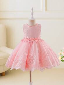 Glamorique Kids Váy cưới thanh lịch cho bé gái, váy công chúa bồng bềnh ren không tay, phù dâu, màu hồng - Hồng - Xem 4