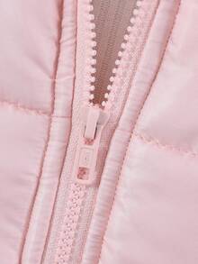 SHEIN 女孩冬季连帽棉服夹克，长袖泰迪熊毛绒内衬，绗缝渐变格纹图案，中长款棉质外套，时尚百搭，搭配裤子、运动裤、连体裤、运动衫、连帽衫、粉色连帽仿皮草装饰中长款棉质外套 - 粉色 - 查看 7