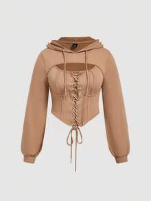SHEIN MOD 大码女式纯色镂空系带抽绳卫衣，秋冬季休闲款 - 駝色 - 查看 1