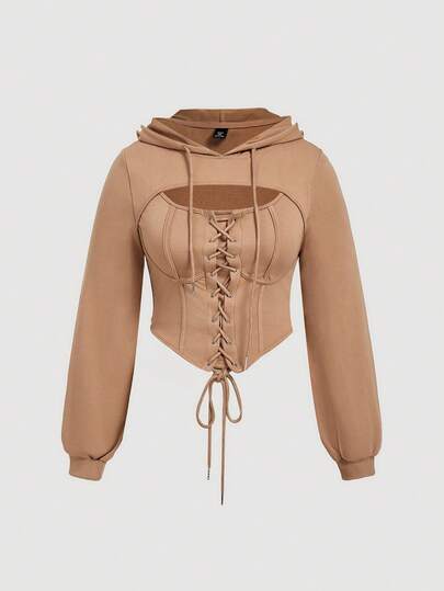 SHEIN MOD Plus Size Women's Solid Color Eyelet Lace-Up Hollow Out Drawstring Sweatshirt, Casual For Autumn/Winter