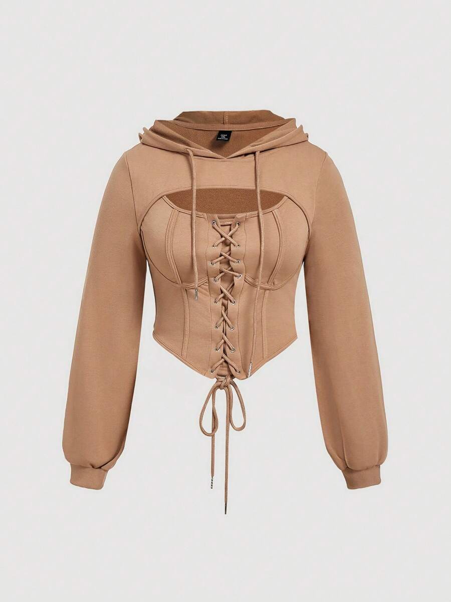 SHEIN MOD 大码女式纯色镂空系带抽绳卫衣,秋冬季休闲款 - 駝色 - 查看 1