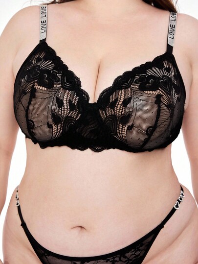 ROMWE Avant Sujetador con aros de encaje transparente y con strass para tallas grandes