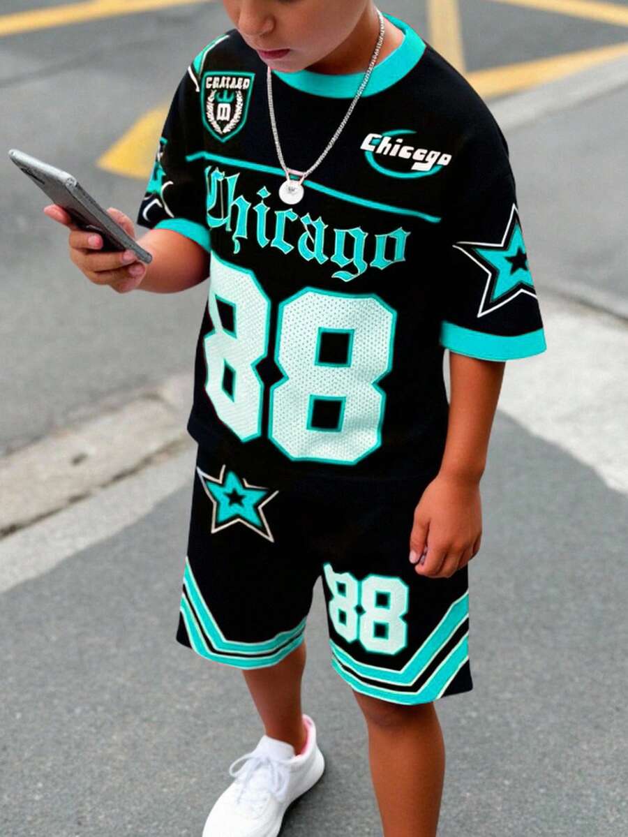 SHEIN 2pcs/Set Teen Boy Casual Classic Cool Baseball Sports Style, Number 88, Gothic Chicago Text, Star Graphic Print Short Sleeve Crew Neck T-Shirt And Shorts, Suitable For Summer - Multicolor - View 1
