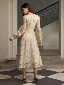 ZEYLAH V-Neck Tie-Up Cutout Long Sleeve Dress, Autumn/Winter - Apricot - View 3