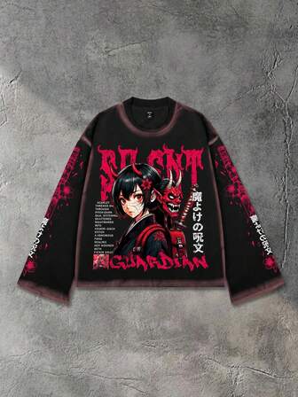 Men's Japanese Anime Character Print Long Sleeve T-Shirt, Loose Cropped Style, Fall