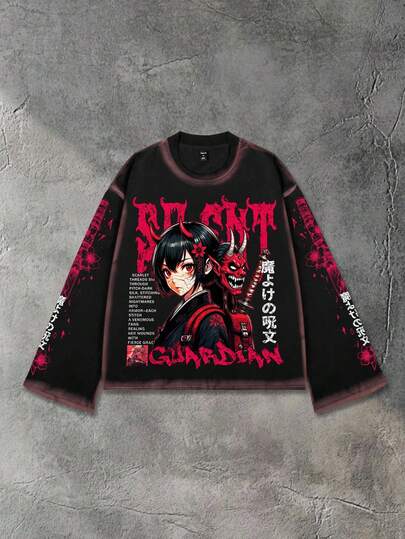 Street Life Men's Japanese Anime Character Print Long Sleeve T-Shirt, Loose Cropped Style, Fall