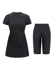 Swim Mulvari 新款女士两件套高领短袖褶皱上衣和百慕大短裤泳衣，夏季中东海滩邮轮度假泳装防晒休闲沙滩保守泳装黑色两件套女士黑色泳衣罩衫布基尼套装女士布基尼泳衣保守 - 黑色 - 查看 7