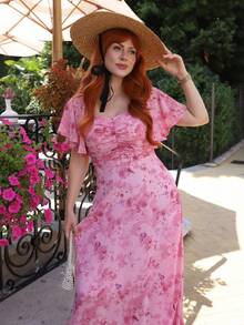 Gretanique Damen Chiffon Kleid mit Schmetterling Muster und Fledermaus-Ärmeln, plissiertes süßes französisches Sommerkleid - Pink - Übersicht 6