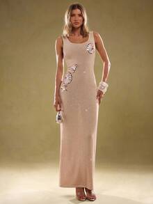 SHEIN BAE 女士无袖花卉亮片装饰方领针织连衣裙、女士夏装、、女士连衣裙、女士夏装、女士度假装、女士沙滩装、毛衣、沙滩、女士生日礼服、女士优雅连衣裙、秋季服装、返校服装、秋季毛衣、女士秋季服装、秋季服装性感连衣裙、女士秋季服装、秋季毛衣、女士秋季服装、万圣节毛衣、、 - 杏色 - 查看 4