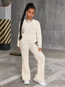 Sparklyn Conjunto de dos piezas de suéter para niñas preadolescentes - Suéter de punto grueso sólido en beige y pantalones de pierna ancha, suéter de cuello redondo de ajuste relajado con pantalones rectos de estar en casa, ropa cómoda y casual para primavera/otoño/invierno - Albaricoque - Ver 4