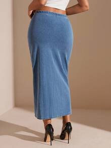 SHEIN BAE Spódnica mini z jeansu w dużym rozmiarze, swobodna, elastyczna, z rozcięciem z boku, plisowana, niebieska