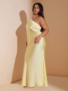 SHEIN BAE Váy cưới satin trơn màu vàng kem cỡ lớn, cổ khoét sâu hở lưng, buộc dây, sang trọng cho khách dự tiệc cưới, kỳ nghỉ ở bãi biển - Màu vàng - Xem 5