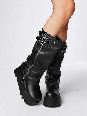 Grunge Punk 2025 Autumn/Winter New Round Toe Thick Sole Punk Style Buckle Zipper Design Pants Leg Boots, Leather Outdoor Fashion Slip-On Mid-Calf Boots