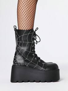 ROMWE Grunge Punk 2025 Automne/Hiver Nouveau Bottes courtes à bout rond style punk avec laçage, broderie toile d'araignée, semelle épaisse. Tige , bottes mi-mollet mode extérieur à enfiler