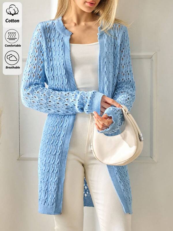 SHEIN Tall Women Solid Color Hollow Out Long Sleeve Casual Long Cardigan Crochet Cardigan