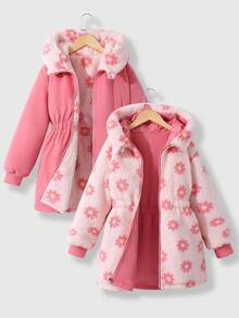 SHEIN 1 件女童豹纹双面蓬松长袖风衣夹克，适合秋冬季 - 粉色 - 查看 4