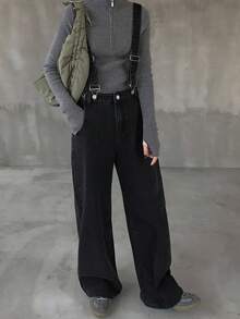 FRIFUL Women's Casual Denim Bib Pants With Pockets - Black - View 3
